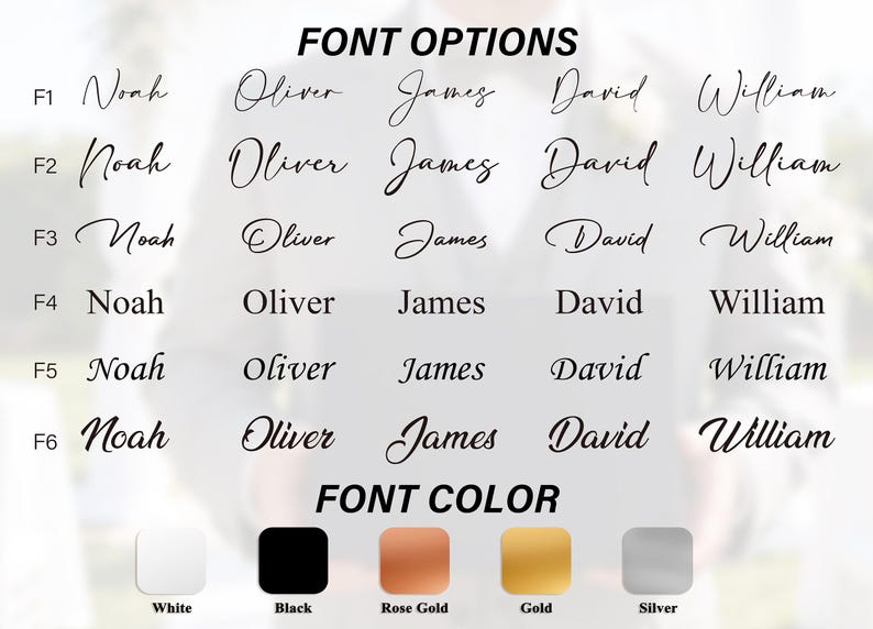 K&ouml;nnte beinhalten: Bild mit Schriftoptionen f&uuml;r personalisierten Text. Sechs Schriftarten werden mit Namen wie Noah, Oliver und James angezeigt. Schriftfarben sind Wei&szlig;, Schwarz, Ros&eacute;gold, Gold und Silber.