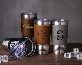 Benutzerdefinierte Name Lederbecher, personalisierte Herren gravierte Becher, Thermobecher, Geschenk für Papa, Trauzeugen, Junggesellenabschied Geschenk