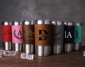 Personalisierte Herren gravierte Becher, benutzerdefinierte Name Lederbecher, Thermobecher, Geschenk für Papa, Trauzeugen Geschenke, Junggesellenabschied Geschenk