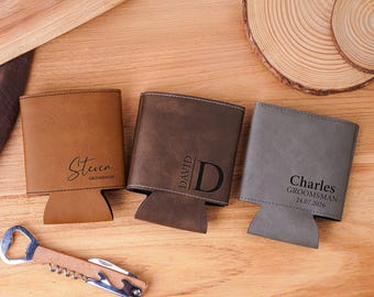 Personalized Groomsmen PU Leather Can Cooler,Engraved Beer Can Holder,Unique Groomsman Gifts