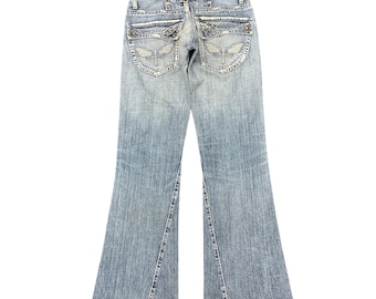 Vintage ULTIMAX Y2K Flared Denim Jeans Winged Cross Embroidery & Studded Pocket Grunge