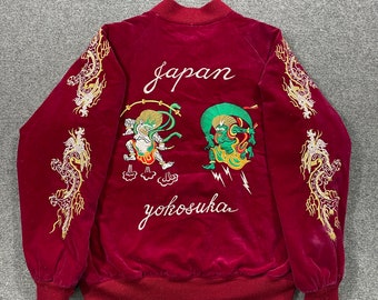 Vintage 90s Fujin Raijin Dragon Yokosuka Japan Velvet Sukajan Souvenir Jacket Japanese Handmade Traditional Sukajan Souvenir Bomber Jacket