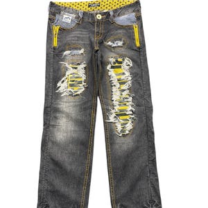 Vintage Blue Moon Distressed Ripped Jeans, Yellow Patchwork, W34