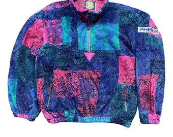 Vintage 90s Phenix International Ski Federation Best Competition Crazy Pattern Fleece Anorak Half Zipper Bomber Jacket Multicolor Large Size