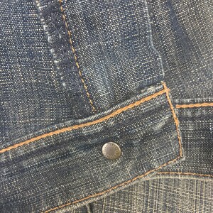 May include: Close-up of a denim jacket. The jacket is a dark blue color with visible stitching in a contrasting tan color. A silver button is visible on the jacket's front. The denim fabric has a textured appearance.