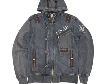 Vintage USAF Avirex militair marineblauwe trui hoodie jassen rits dichtgeknoopte borstzakken rits borstzakken utility stitch detaillering maat medium