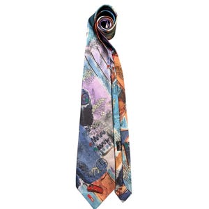 Vintage Papillon Switzerland Polyester Necktie Abstract Architectural City Men's Retro Novelty Necktie with Train Tower and Clock Motif
