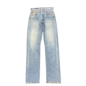 May include: Light blue denim jeans with a faded wash. The jeans have a classic five-pocket design, a button fly, and a straight leg. The denim has a worn appearance.