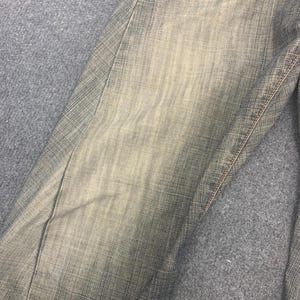 May include: Close-up of denim jeans with a faded, worn appearance. The jeans have a light blue wash with darker shading and visible stitching along the seams. The fabric shows a textured weave.