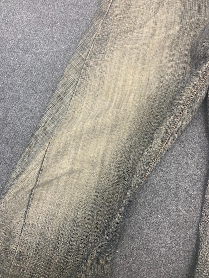 May include: Close-up of denim jeans with a faded, worn appearance. The jeans have a light blue wash with darker shading and visible stitching along the seams. The fabric shows a textured weave.