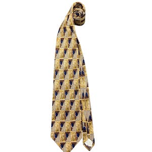 Corbata Rochel Vintage de seda pura, dorada y marrón, con estampado geométrico Art Déco y detalles azules. Corbata clásica formal de seda para hombre.