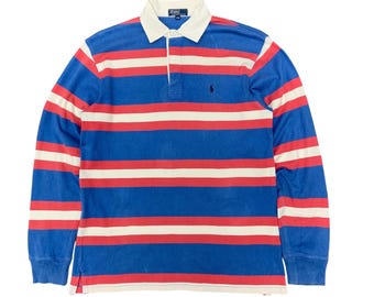 Vintage 90's Ralph Lauren Men Blue Red Stripe RUGBY Polo Logo