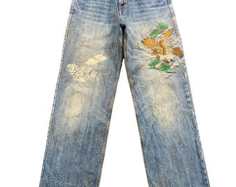 Vintage Early 2000s Japanese Sukajan Style Denim Jeans Always Young Embroidered Eagle & Red Daicock Kamome Back Pockets Streetwear Loose Fit