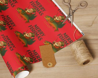 Merry Fishmas Wrapping Paper – Santa Riding a Trout Gift Wrap (Red)| Fishing Christmas Paper, Unique Angler Gift Wrap by Hamman Artworks