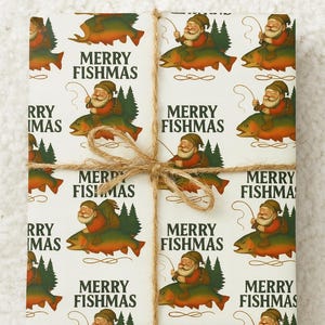 May include: White wrapping paper with a repeating pattern of Santa Claus riding a fish, with the text "MERRY FISHMAS". The paper is tied with twine, creating a festive holiday gift wrap.
