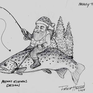 my original drawing of Santa riding trout for Merry Fishmas