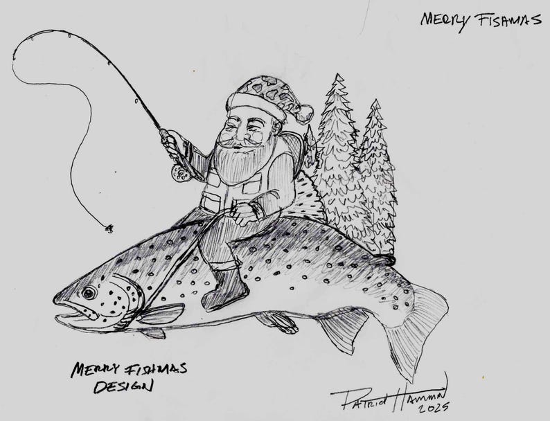 my original drawing of Santa riding trout for Merry Fishmas