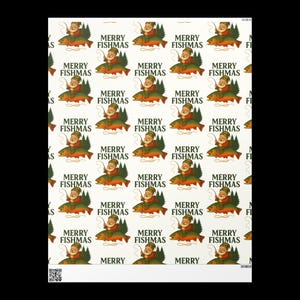 May include: Wrapping paper with a repeating pattern of Santa Claus fishing on a salmon, with the words "MERRY FISHMAS" in a festive font. The design features a whimsical Christmas theme with a fishing twist, perfect for holiday gifts.