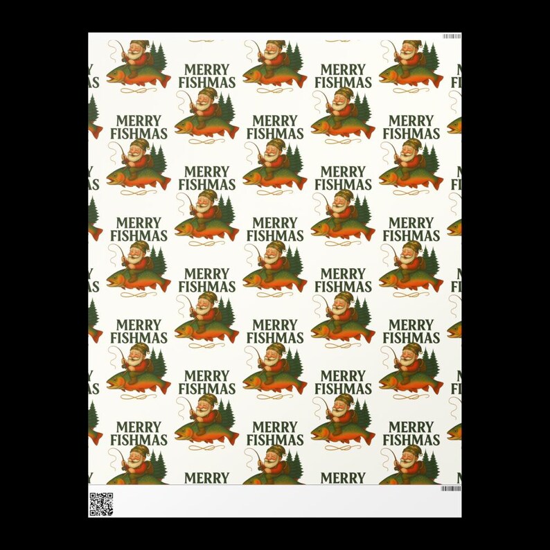May include: Wrapping paper with a repeating pattern of Santa Claus fishing on a salmon, with the words "MERRY FISHMAS" in a festive font. The design features a whimsical Christmas theme with a fishing twist, perfect for holiday gifts.
