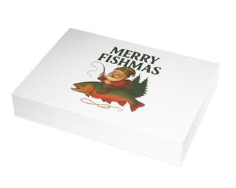 May include: A white square box featuring a whimsical illustration. A gnome with a white beard rides a red and green fish, holding a fishing rod. The text "MERRY FISHMAS" is printed in green above the illustration.