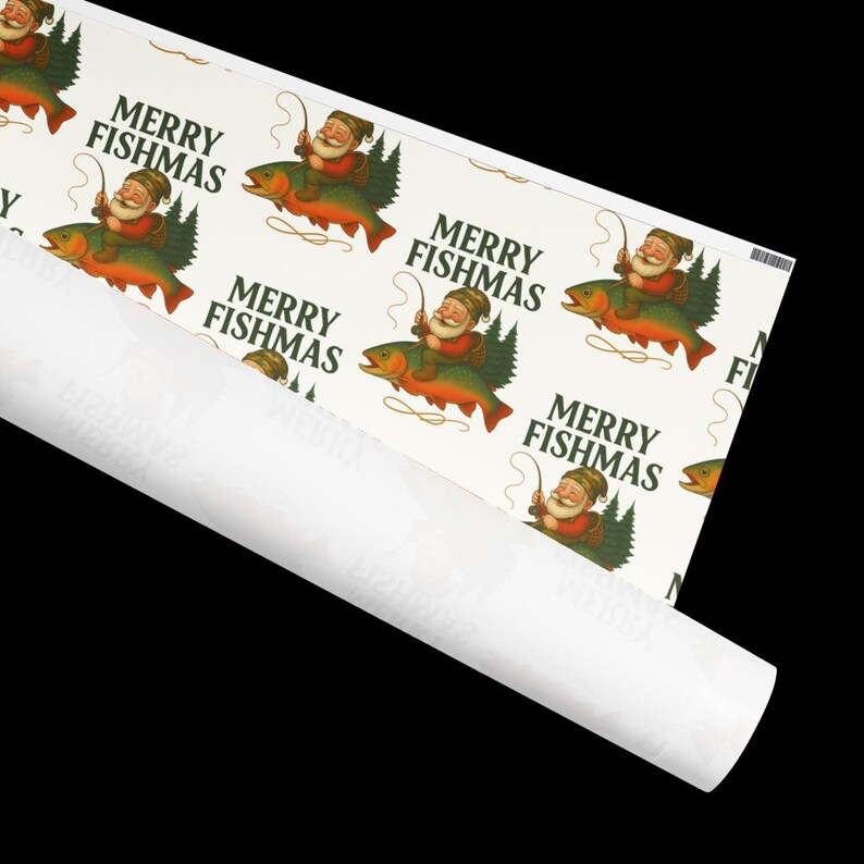 May include: Wrapping paper with a repeating pattern of Santa Claus fishing on a fish with a Christmas tree. The text "MERRY FISHMAS" is printed in green. The paper is rolled up, revealing a white underside.