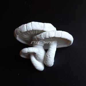 May include: Two white ceramic mushrooms stacked on top of each other. The top mushroom has a wider cap than the bottom mushroom. The mushrooms are smooth and have a realistic texture.
