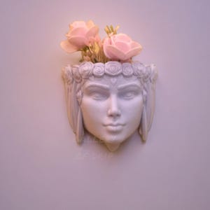 May include: White plaster planter shaped like a woman's face with pink flowers in the top. The planter has a crown of small flowers around the head.