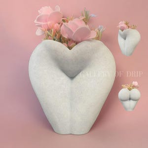 May include: A white ceramic heart-shaped planter with a textured surface, filled with pink flowers. The planter is a unique and modern design for home decor.
