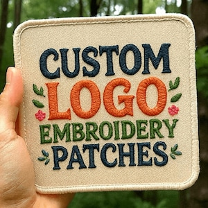 Op de afbeelding: Vierkantig, beige geborduurd embleem met de woorden "CUSTOM LOGO EMBROIDERY PATCHES" in marineblauw, oranje en groen garen. Het embleem wordt omhoog gehouden voor een vage groene achtergrond.