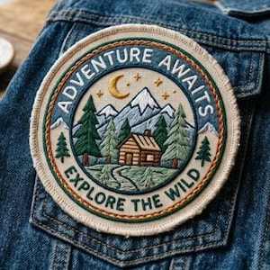 Puede incluir: Parche bordado circular con el texto "Adventure Awaits Explore the Wild". El diseño presenta una cabaña, árboles, montañas, una luna creciente y estrellas, en tonos verdes, marrones y azules. El parche está sobre una chaqueta vaquera.