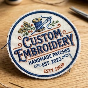 May include: A round embroidered patch with the words "Custom Embroidery" in navy blue script. The patch features a spool of thread, a needle, and the text "Handmade Patches Est. 2023 Etsy Shop" on a cream background with a navy blue border.