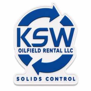 May include: A white and blue rubberized patch featuring the text KSW OILFIELD RENTAL LLC and SOLIDS CONTROL. The design includes a circular arrow graphic surrounding the company name, rendered in raised blue lettering against a white background.