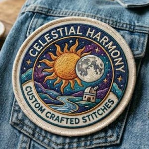 May include: A round embroidered patch with the text "CELESTIAL HARMONY" and "CUSTOM CRAFTED STITCHES". The patch features a sun, moon, stars, and a small building over a river, all in a colorful design. The patch is on a denim jacket.