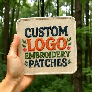 Puede incluir: Parche bordado cuadrado beige con esquinas redondeadas. El parche presenta las palabras "CUSTOM LOGO EMBROIDERY PATCHES" en hilo azul marino, naranja y verde. El parche está sostenido por una mano.