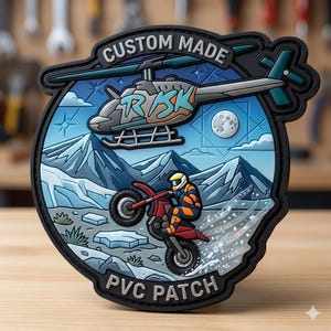 May include: A black PVC patch with a detailed design featuring a helicopter, a motorcycle, and a mountain landscape. The patch includes the text "CUSTOM MADE" and "PVC PATCH". The motorcycle is doing a wheelie, and the helicopter has the letters "RSK" on it.