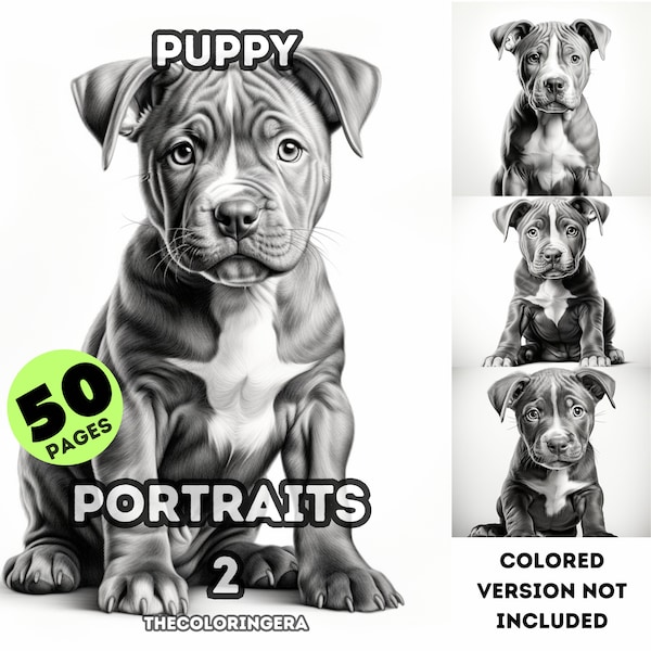 50 Pages of Cute Puppy Portraits part 2  | Digital Download | Coloring Books | Adult & Kids Coloring Activity | PDF File