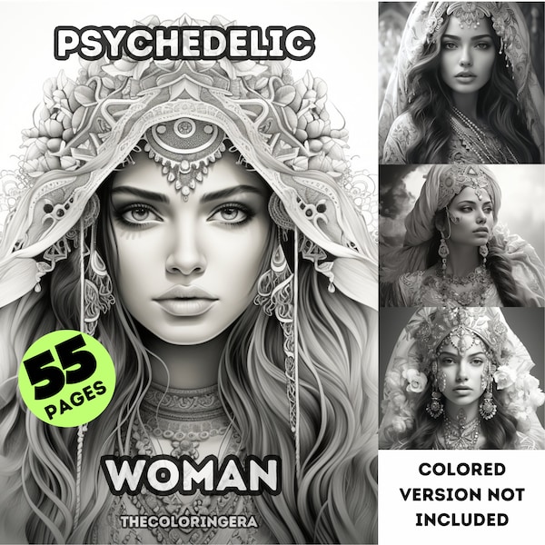 Psychedelic Coloring Pages for Adults | Mindfulness and Stress relief, Printable coloring book PDF, 55 psychedelic Woman coloring sheets