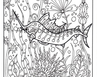 Adult Coloring Pages - Swordfish Coloring Pages - Sealife Coloring Pages - Printable Coloring Pages - Instant Download