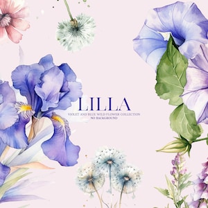 Lila Blumen Clipart, Garten Blume png, Blumenrahmen Clipart, hellblaue Blume, Dendelion Clipart, druckbare Blumen, kein Hintergrund png