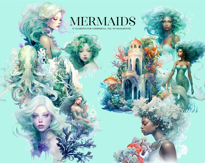 Mermaid Clipart Water Nymphs Clipart Turqouise Mermaid - Etsy