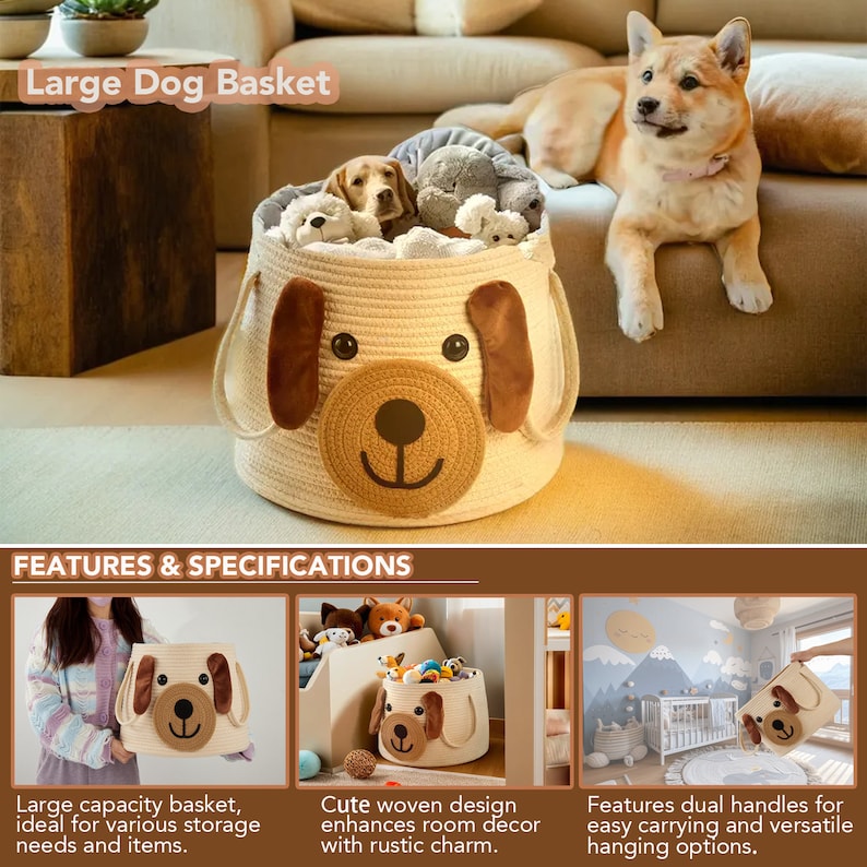 Large Cute Dog Woven Basket With Handles, Decorative Laundry Basket ...