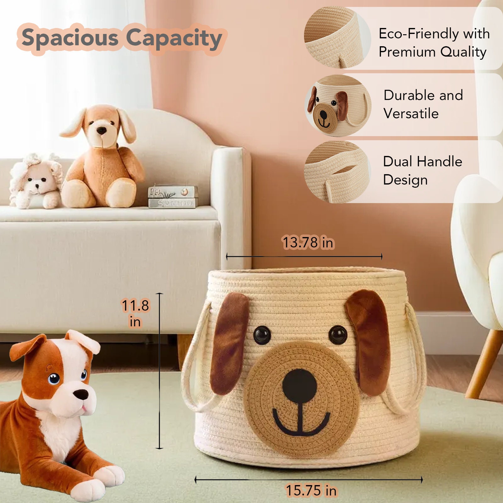 Large Cute Dog Woven Basket With Handles, Decorative Laundry Basket ...
