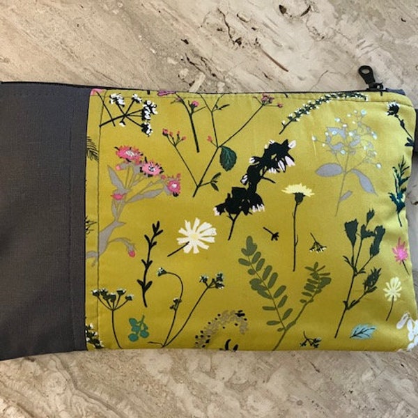 Wildflowers Art Gallery Fabric Mustard Floral Large pouch purse stunning handmade lined bag grey mustard woven fabric side tab