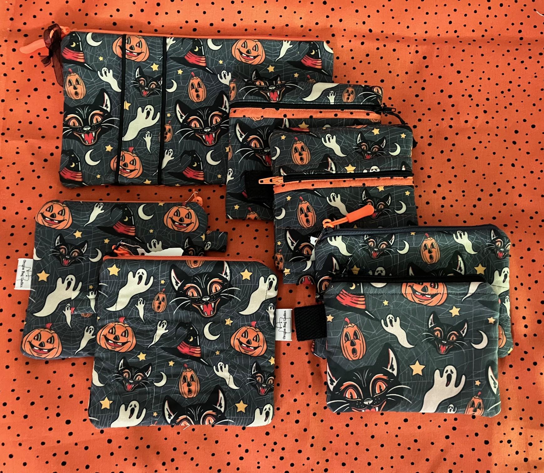 Retro Black Cats Halloween Spooky Ghosts Pumpkins Zippered Pouch Fully Lined Cosmetics Medications Phone Purse Ear Buds Gift Card Gift Coin