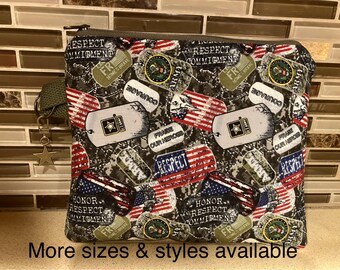 Military Army Zip Pouch Fully Lined Brave Soldiers Side Tab Tech Pouch Phone Bag Detachable Zipper Charms Patriotic USA Cosmetic Medication