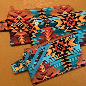 Estuche con cremallera turquesa del suroeste, totalmente forrado, para gafas de sol, teléfono, cosméticos, cartera, pinceles, bolígrafos, lápices, cupones, algodón.