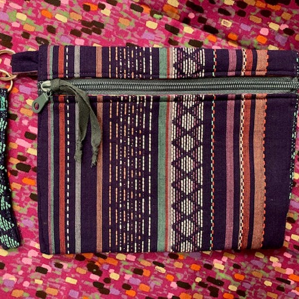 Mexican Bohemian Fabric Multi Colored  Woven Fabric Zippered Pouch Removable Strap E-Reader Case