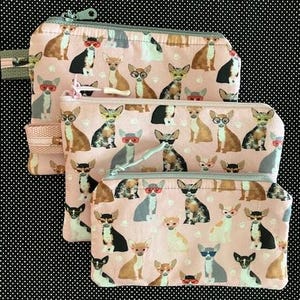 Estuche con cremallera para perro chihuahua, color rosa, totalmente forrado, estuche para gafas, estuche para teléfono, tela de algodón, bolsa para medicamentos, cosméticos, monedas, bolsa de regalo