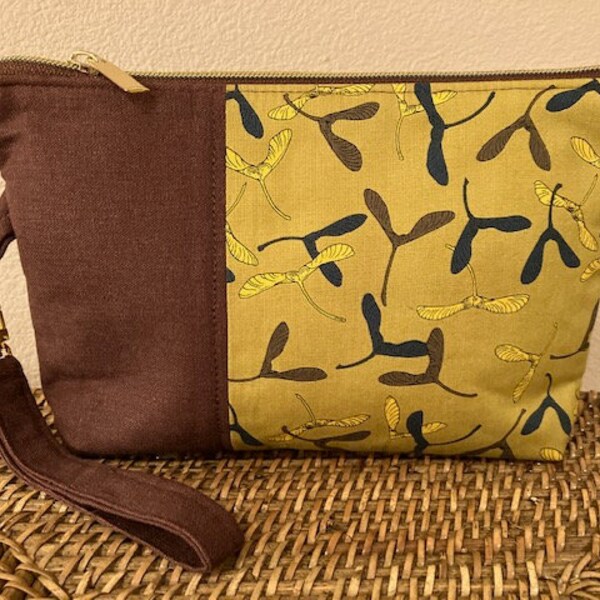 Wristlet Helicopter Seeds  Forest Floor Zippered Boxed Purse  Brown Woven Fabric Olive Fabric Free Spirit PB & J Pattern