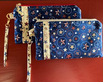 Zippered Pouch Detachable Strap Fully Lined Purse Gold Hardware Cosmetics Phone Patriotic